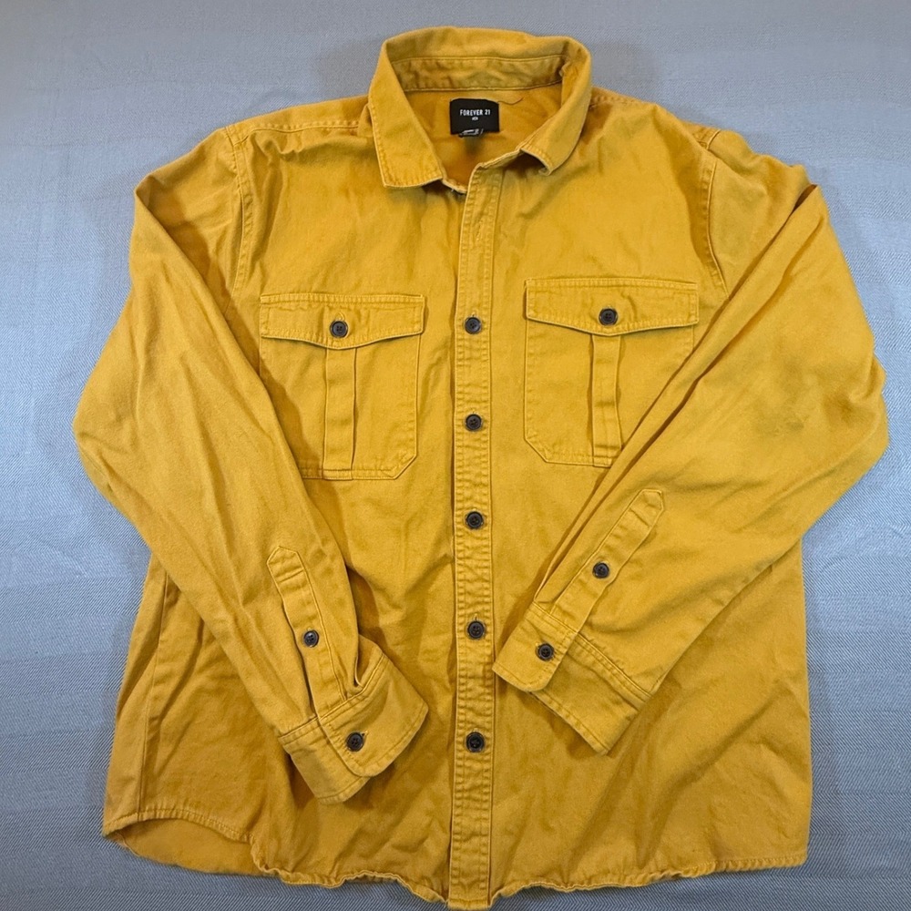 Forever 21 Men XL Mustard Yellow Button Down Utility Long Sleeve 2420 Twill